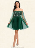 Ryann A-line Off the Shoulder Short Tulle Homecoming Dress With Sequins Appliques Lace STAP0025663