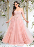 Fiona A-line Sweetheart Off the Shoulder Floor-Length Tulle Floral Lace Prom Dresses With Appliques Lace STAP0025870