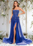 Tricia Trumpet/Mermaid Straight Sweep Train Tulle Sequin Prom Dresses With Sequins Appliques Lace STAP0025857