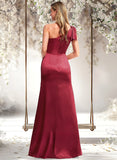 Breanna A-line One Shoulder Floor-Length Stretch Satin Bridesmaid Dress With Bow STAP0025758