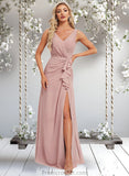 Aisha A-line V-Neck Floor-Length Chiffon Bridesmaid Dress STAP0025820