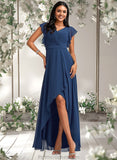 Jillian A-line V-Neck Asymmetrical Chiffon Bridesmaid Dress With Ruffle STAP0025733