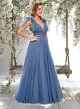 Raina A-line V-Neck Sweep Train Tulle Prom Dresses With Bow STAP0025854