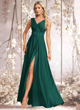 Michaelia A-line V-Neck Floor-Length Satin Prom Dresses STAP0025877