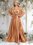 Jordin A-line V-Neck Floor-Length Stretch Satin Bridesmaid Dress STAP0025793