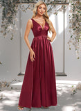 Mina A-line V-Neck Floor-Length Stretch Satin Bridesmaid Dress STAP0025771