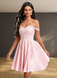 Emery A-line Off the Shoulder Short Satin Homecoming Dress With Rhinestone Beading Appliques Lace STAP0025679