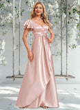 Angelica A-line V-Neck Floor-Length Stretch Satin Bridesmaid Dress With Ruffle STAP0025787