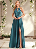 Jocelynn A-line Halter Floor-Length Stretch Satin Bridesmaid Dress STAP0025731