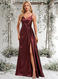 Sasha A-line V-Neck Floor-Length Stretch Satin Bridesmaid Dress With Ruffle STAP0025785