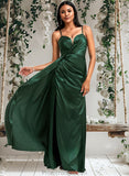 Delaney A-line V-Neck Floor-Length Stretch Satin Bridesmaid Dress STAP0025745