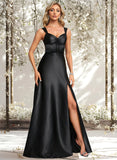 Kiley A-line V-Neck Floor-Length Stretch Satin Prom Dresses With Bow STAP0025882