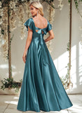 Haley A-line V-Neck Floor-Length Stretch Satin Bridesmaid Dress With Ruffle STAP0025780