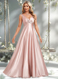 Abbie A-line V-Neck Floor-Length Stretch Satin Bridesmaid Dress STAP0025779