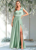 Rachael A-line V-Neck Floor-Length Stretch Satin Bridesmaid Dress With Bow STAP0025737