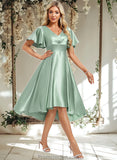 Amya A-line V-Neck Asymmetrical Stretch Satin Bridesmaid Dress With Ruffle STAP0025772