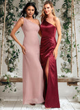 Marcie A-line One Shoulder Floor-Length Chiffon Bridesmaid Dress With Bow STAP0025748