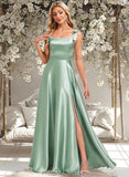 Kaylie A-line Square Floor-Length Stretch Satin Bridesmaid Dress With Bow STAP0025788