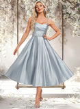 Lucy A-line V-Neck Tea-Length Satin Bridesmaid Dress STAP0025794