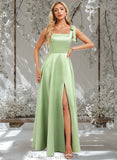 Brielle A-line Square Floor-Length Satin Bridesmaid Dress With Bow STAP0025778