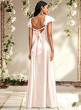 Aleena A-line V-Neck Floor-Length Stretch Satin Bridesmaid Dress With Bow STAP0025759