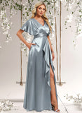 Logan A-line V-Neck Floor-Length Stretch Satin Bridesmaid Dress With Ruffle STAP0025767