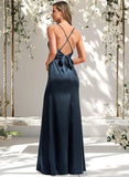 Ayana A-line V-Neck Floor-Length Stretch Satin Bridesmaid Dress STAP0025734