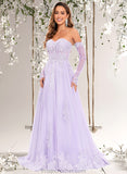 Rosa A-line Sweetheart Sweep Train Tulle Prom Dresses With Sequins Appliques Lace STAP0025856