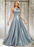 London A-line Halter Floor-Length Stretch Satin Bridesmaid Dress STAP0025783