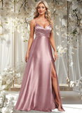 Daniella A-line V-Neck Floor-Length Stretch Satin Bridesmaid Dress STAP0025822