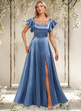 Adeline A-line Square Floor-Length Stretch Satin Bridesmaid Dress With Ruffle STAP0025769