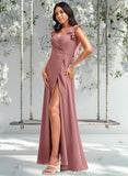 Joyce A-line V-Neck Floor-Length Chiffon Bridesmaid Dress With Ruffle STAP0025751