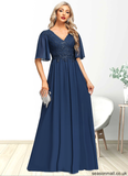 Makenna A-line V-Neck Floor-Length Chiffon Lace Mother of the Bride Dress With Sequins STAP0021888