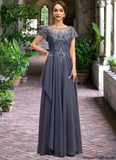 Scarlett A-line Scoop Illusion Floor-Length Chiffon Lace Mother of the Bride Dress With Cascading Ruffles Sequins STAP0021897