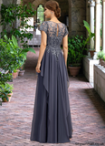 Scarlett A-line Scoop Illusion Floor-Length Chiffon Lace Mother of the Bride Dress With Cascading Ruffles Sequins STAP0021897