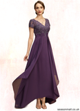 Sheila A-line V-Neck Asymmetrical Chiffon Lace Mother of the Bride Dress With Cascading Ruffles STAP0021899