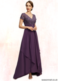 Sheila A-line V-Neck Asymmetrical Chiffon Lace Mother of the Bride Dress With Cascading Ruffles STAP0021899