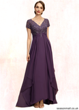 Sheila A-line V-Neck Asymmetrical Chiffon Lace Mother of the Bride Dress With Cascading Ruffles STAP0021899