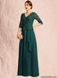 Scarlett A-line V-Neck Floor-Length Chiffon Lace Mother of the Bride Dress With Cascading Ruffles Sequins STAP0021934