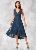 Janiya A-line V-Neck Asymmetrical Chiffon Lace Sequin Cocktail Dress With Pleated Sequins STAP0022288