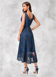 Janiya A-line V-Neck Asymmetrical Chiffon Lace Sequin Cocktail Dress With Pleated Sequins STAP0022288