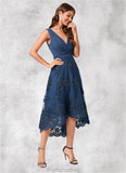 Janiya A-line V-Neck Asymmetrical Chiffon Lace Sequin Cocktail Dress With Pleated Sequins STAP0022288