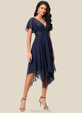 Anahi A-line V-Neck Tea-Length Chiffon Cocktail Dress With Sequins STAP0022296