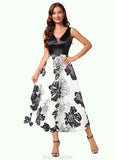 Marie A-line V-Neck Tea-Length Polyester Cocktail Dress With Flower STAP0022320