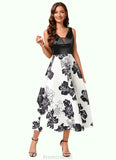 Marie A-line V-Neck Tea-Length Polyester Cocktail Dress With Flower STAP0022320