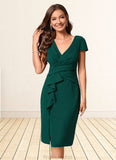 Pancy Sheath/Column V-Neck Knee-Length Stretch Crepe Cocktail Dress With Ruffle STAP0022329