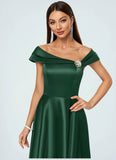 Neveah A-line Asymmetrical Knee-Length Satin Cocktail Dress With Rhinestone Crystal Brooch STAP0022407