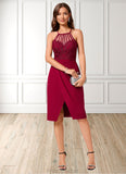 Micah Sheath/Column V-Neck Knee-Length Chiffon Lace Cocktail Dress With Ruffle STAP0022421