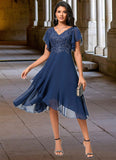 Amiah A-line V-Neck Tea-Length Chiffon Lace Cocktail Dress With Cascading Ruffles STAP0022430