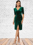 Destiny Sheath/Column V-Neck Knee-Length Velvet Cocktail Dress With Pleated STAP0022485